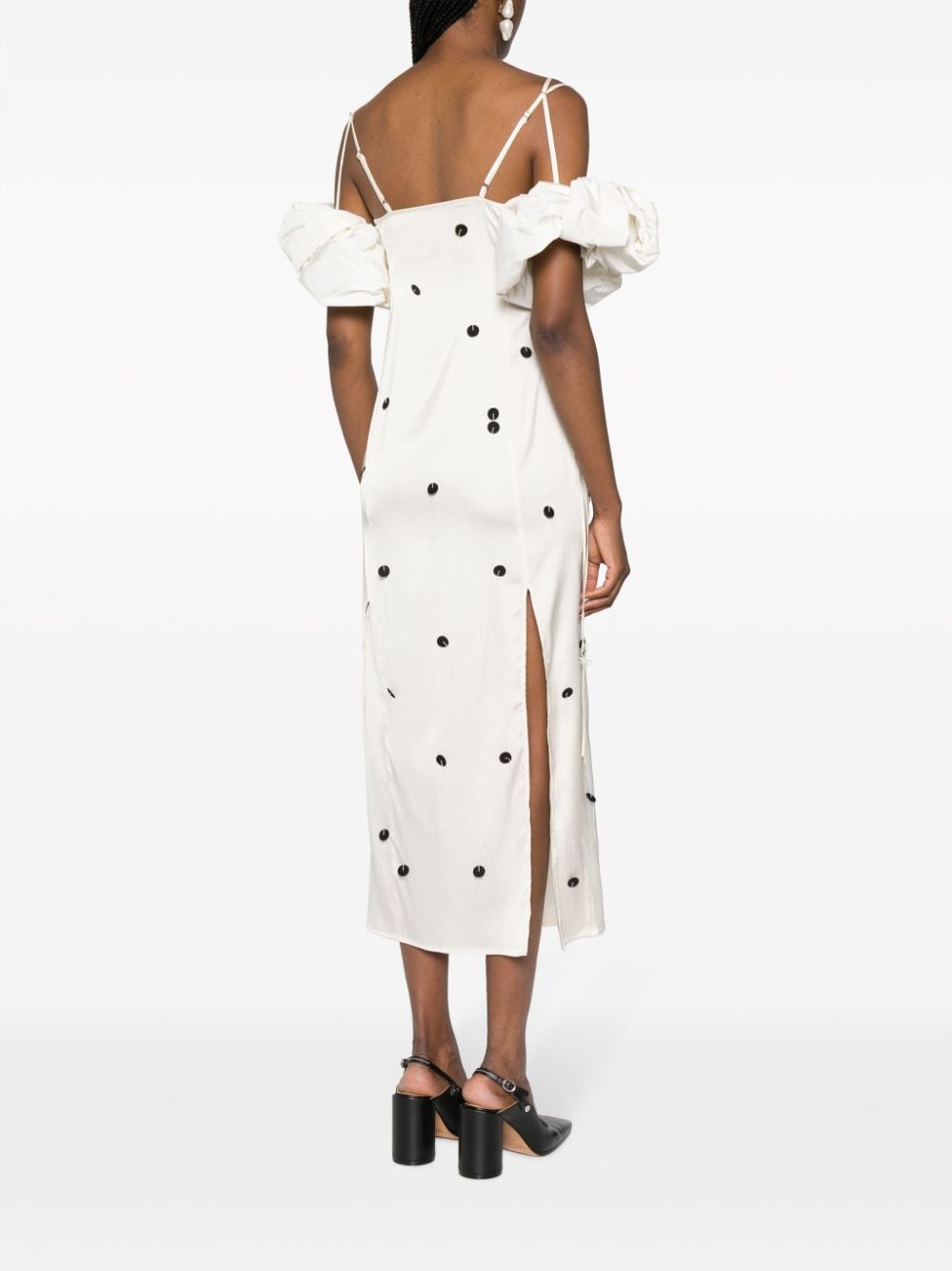 JACQUEMUS Chouchou Polka-Dot Satin Midi Dress White Black