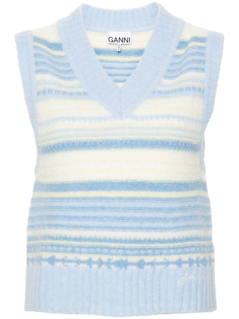 Ganni Striped Sleeveless Merino Wool-Blend Sweater Vest Clear Blue