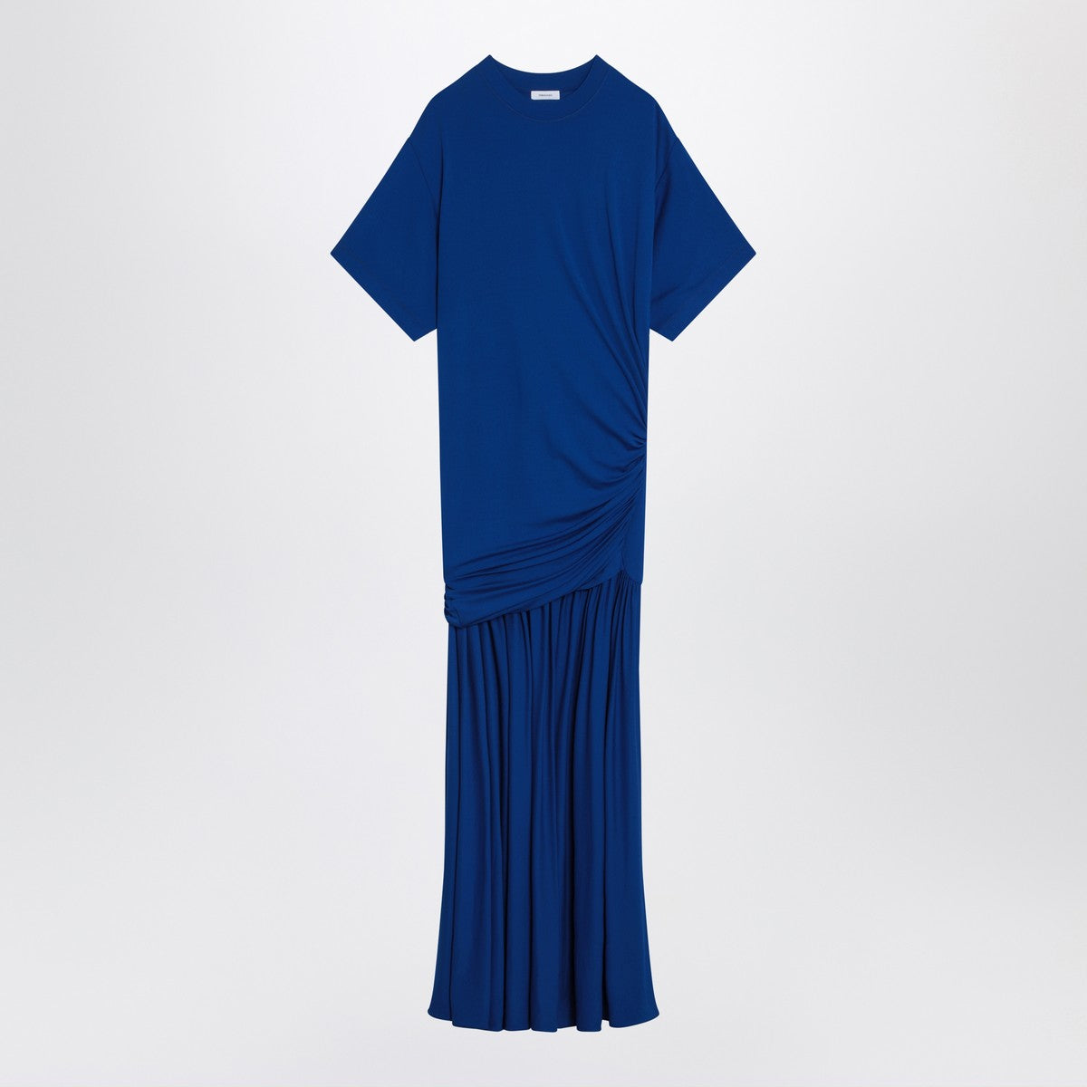 Ferragamo Long Blue Draped Jersey Maxi Dress with Asymmetric Pleated Skirt Blue