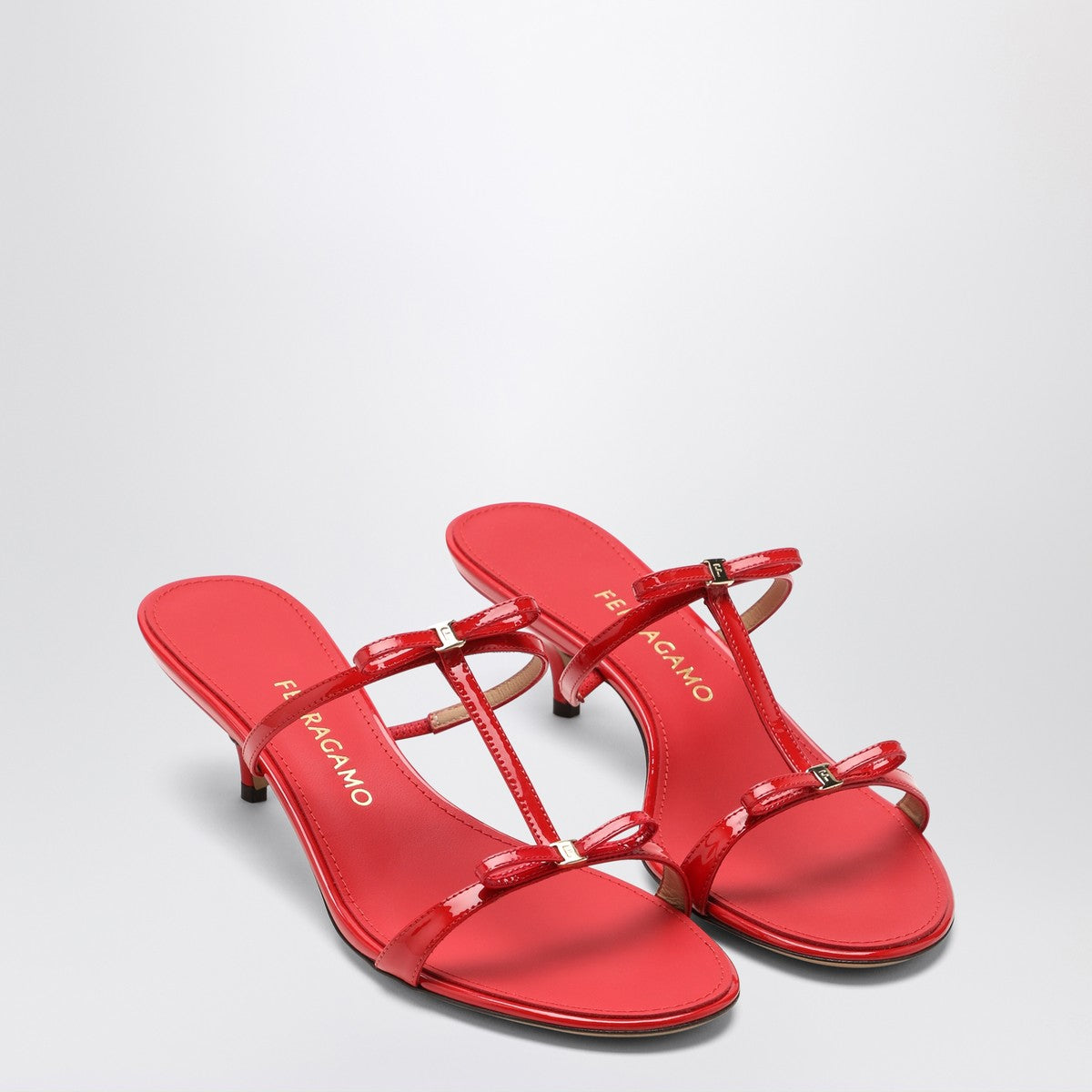 Ferragamo Flame Red Patent Leather Mini Bow Sandals Red