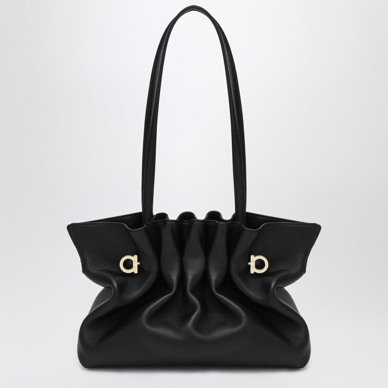 Ferragamo Soft-Bag Small Black Leather Shoulder Bag Black