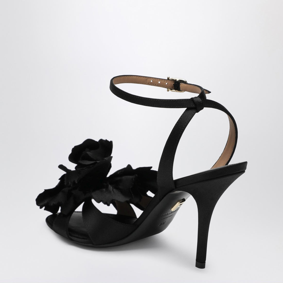 Ferragamo Black Satin Flower-Embellished High-Heel Sandals Black