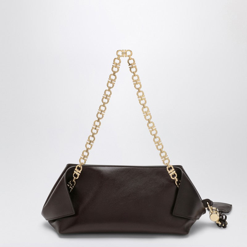 Ferragamo Shoulder Bag S in Dark Brown Leather with Gold Gancini Handle Brown