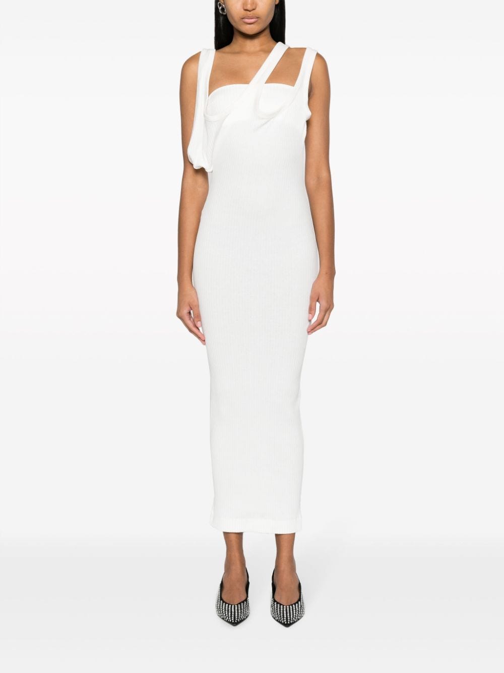 The Attico Asymmetric Ribbed-Knit Cotton Maxi Dress White white