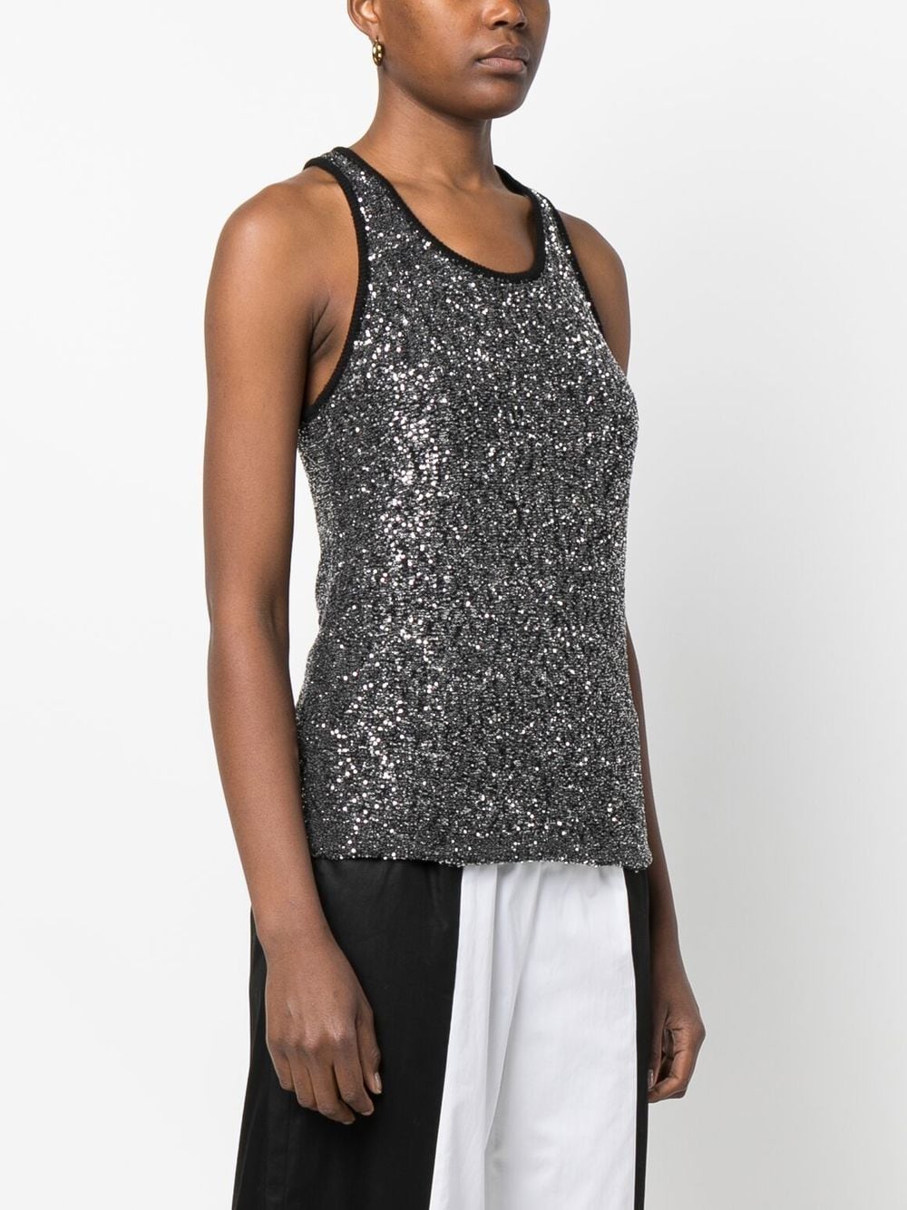 Sequin-Embellished Knitted Cotton Tank Top Black
