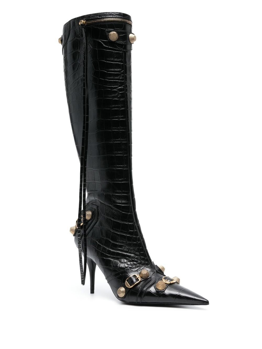 Balenciaga 90mm Cagole Croc-Embossed Leather Knee Boots Black