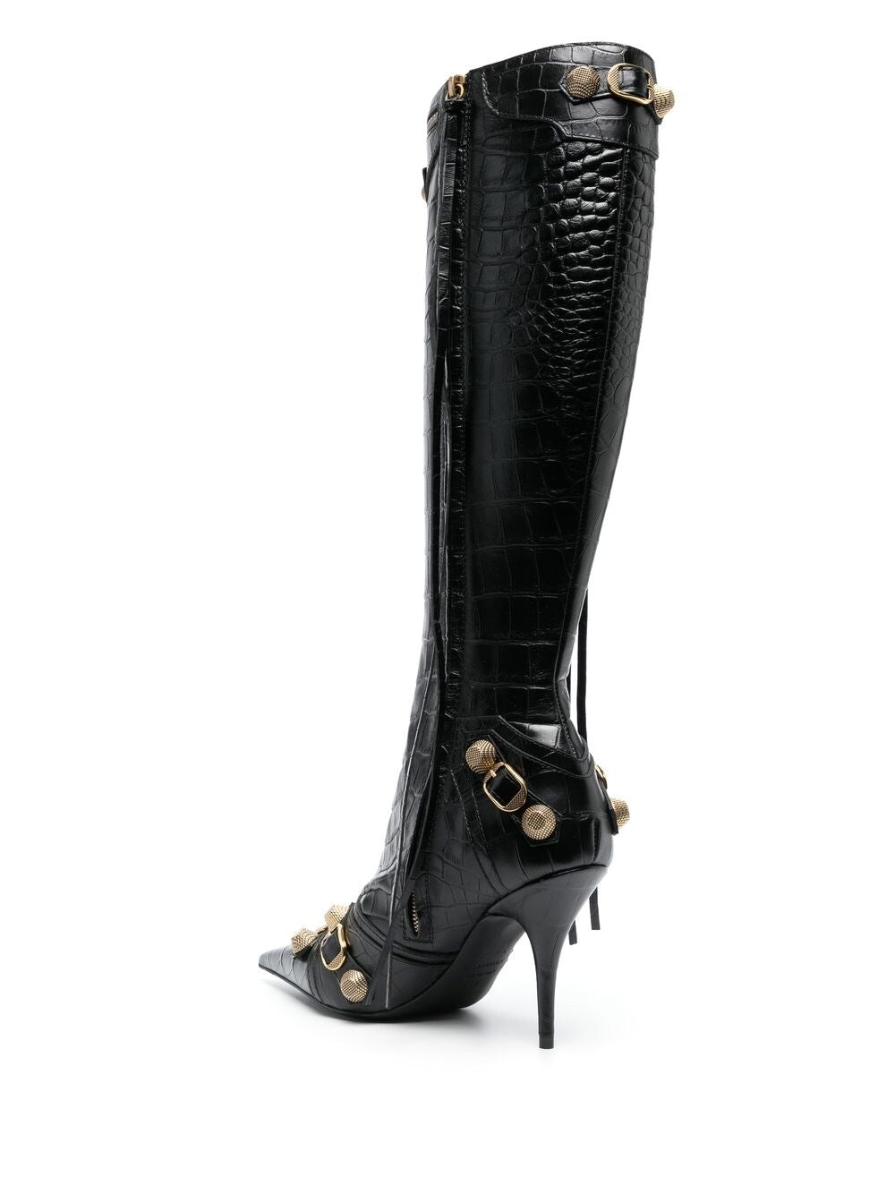 Balenciaga 90mm Cagole Croc-Embossed Leather Knee Boots Black
