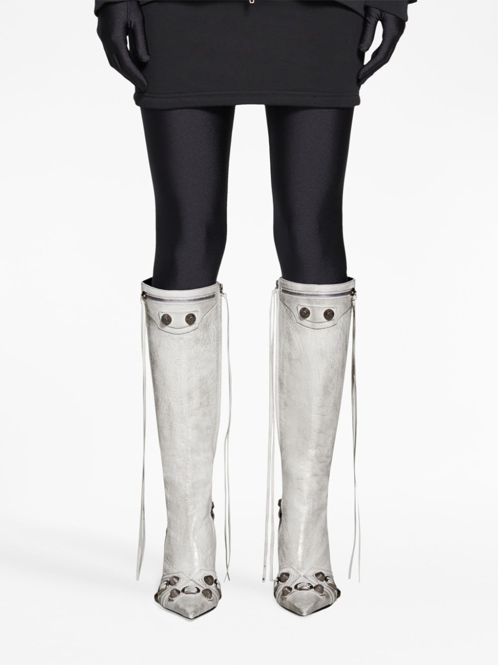 Balenciaga Cagole Pointed-Toe Studded Leather Boots White