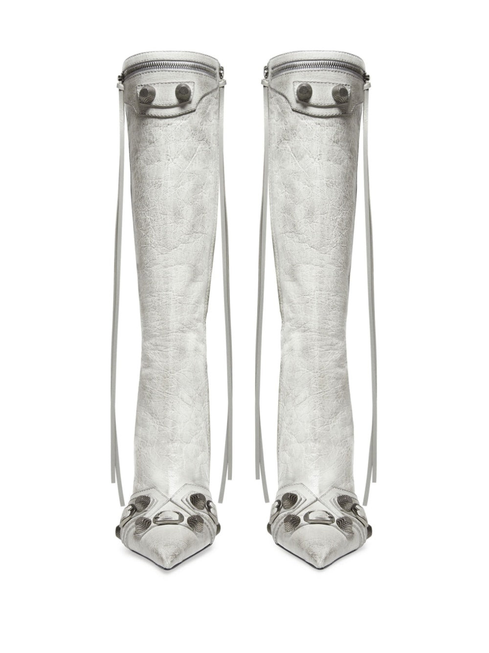 Balenciaga Cagole Pointed-Toe Studded Leather Boots White