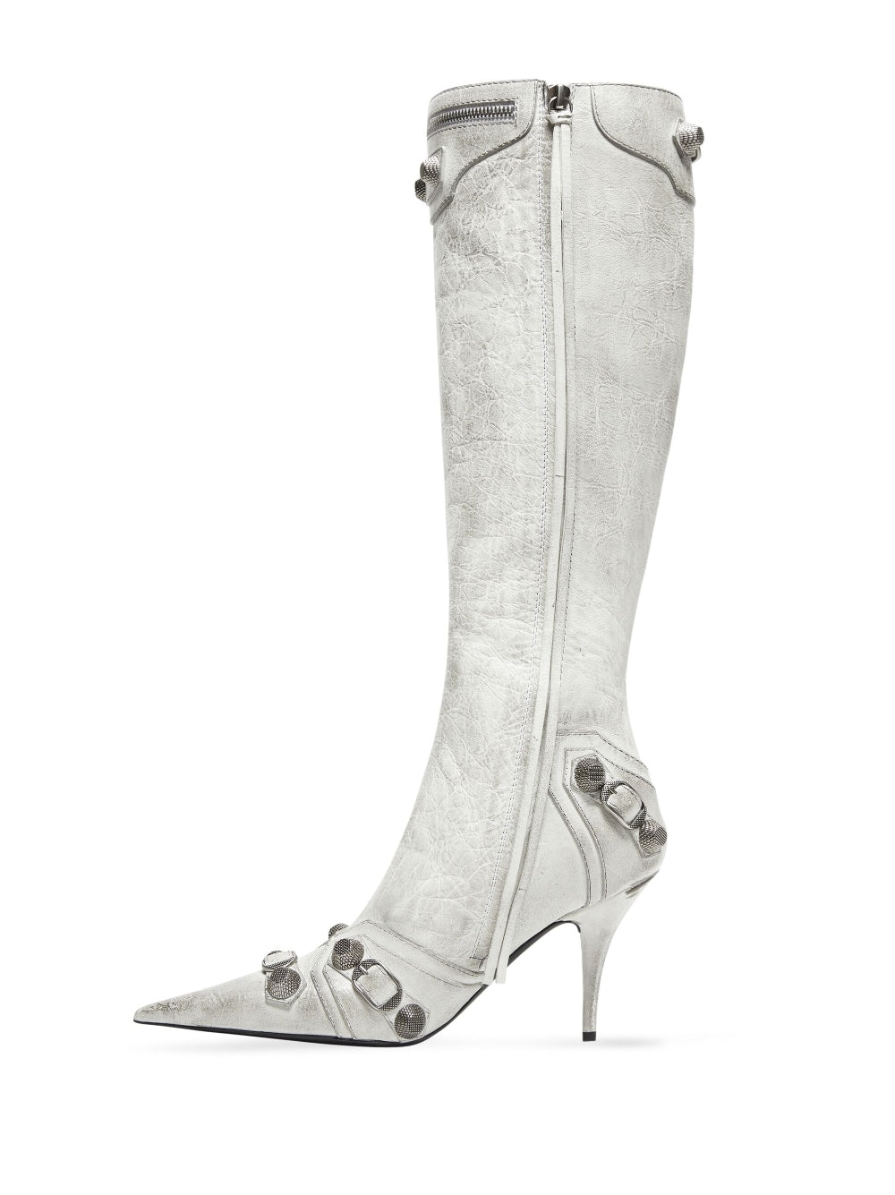 Balenciaga Cagole Pointed-Toe Studded Leather Boots White