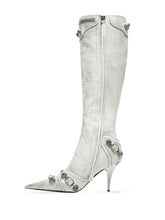 Balenciaga Cagole Pointed-Toe Studded Leather Boots White