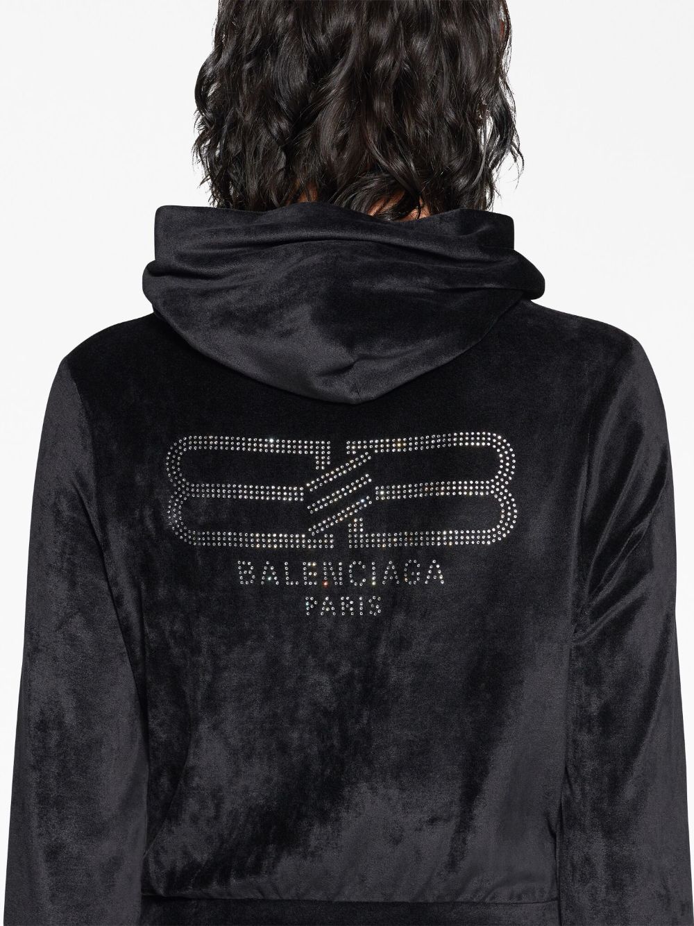 Balenciaga Crystal-Embellished Velvet Zip-Up Hoodie Black