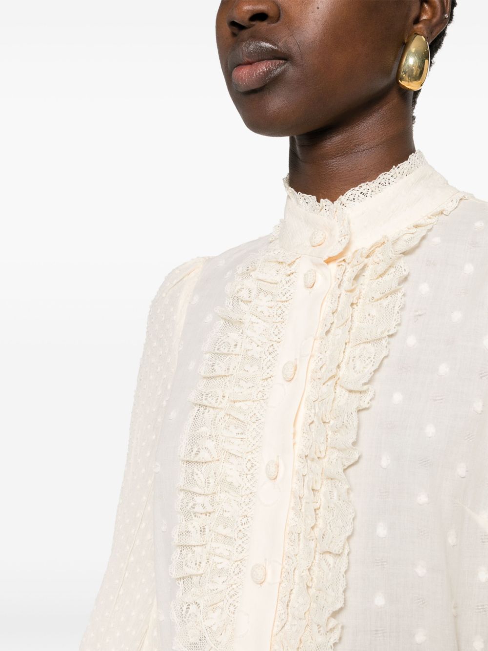 Zimmermann Mock-Neck Polka Dot Cotton Blouse Beige