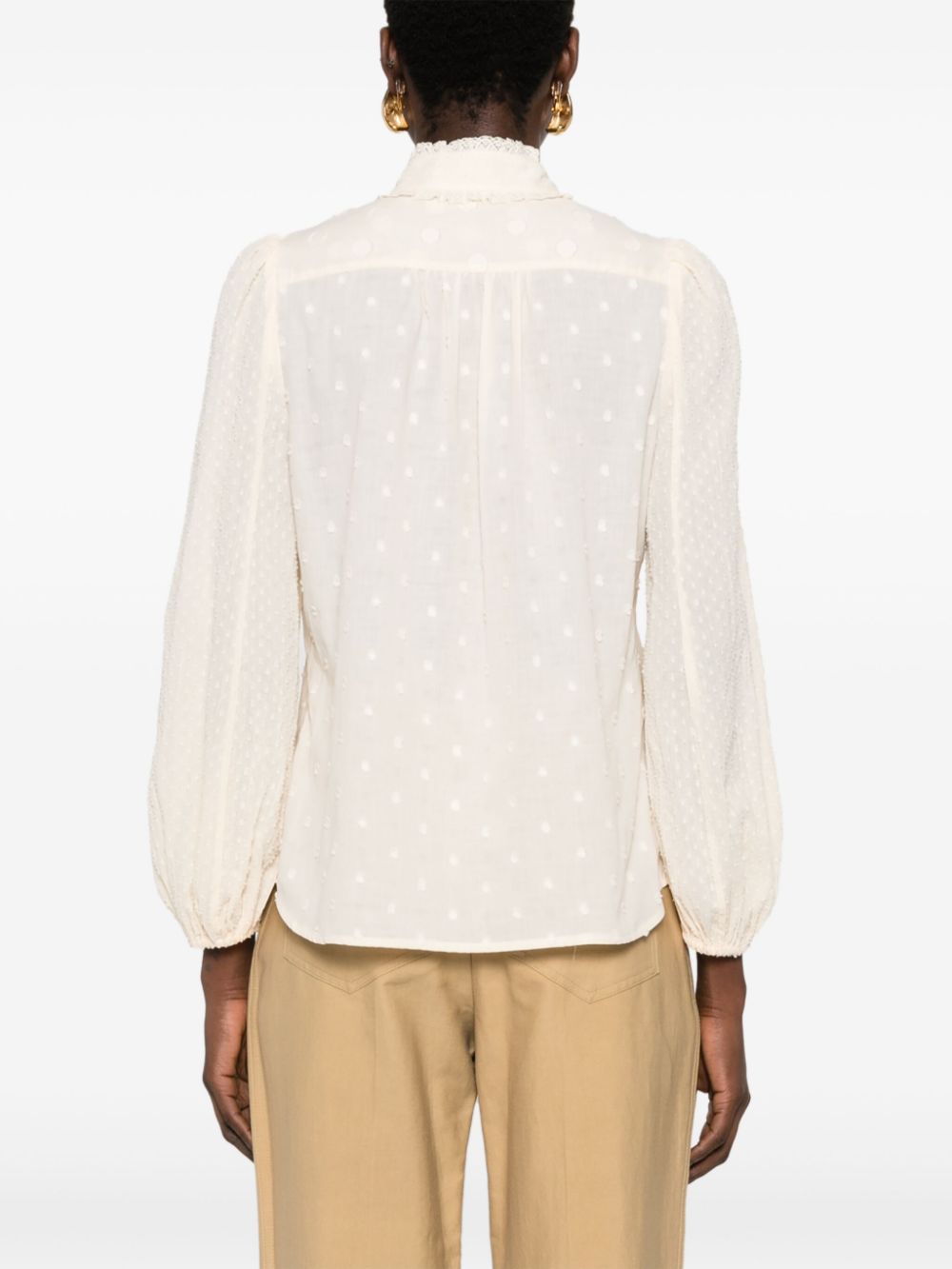 Zimmermann Mock-Neck Polka Dot Cotton Blouse Beige