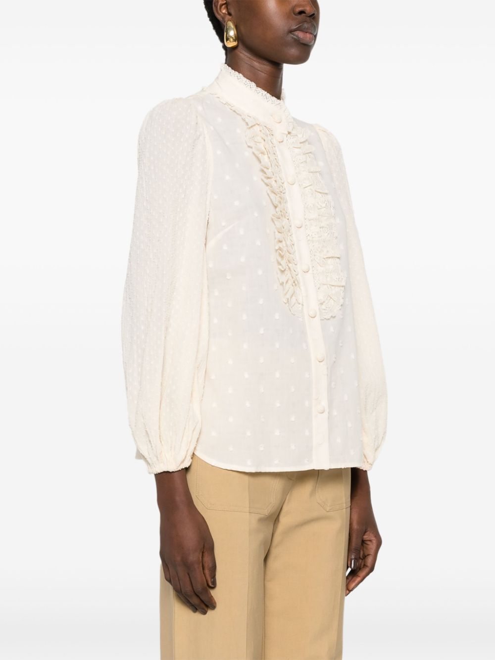 Zimmermann Mock-Neck Polka Dot Cotton Blouse Beige