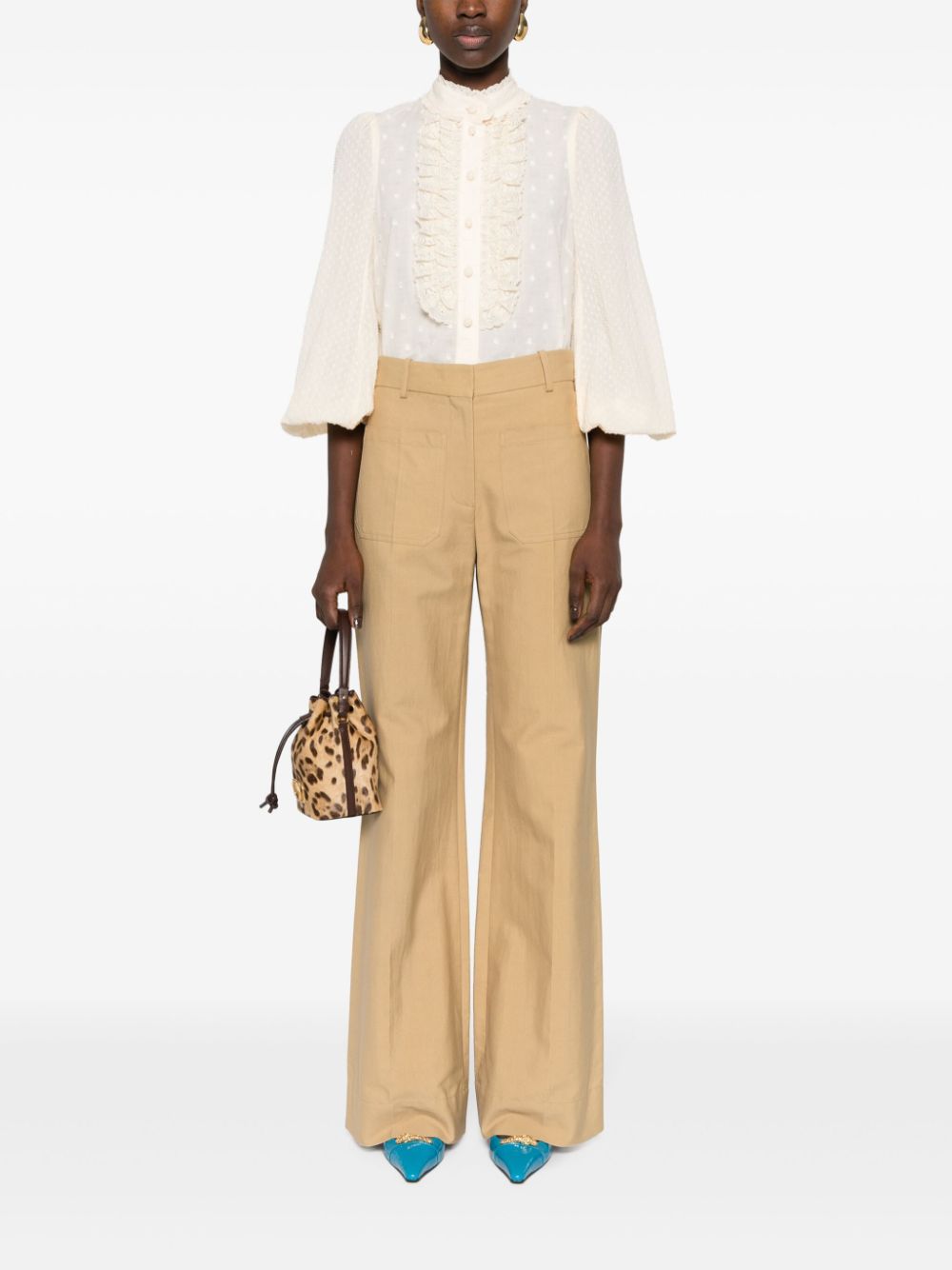Zimmermann Mock-Neck Polka Dot Cotton Blouse Beige