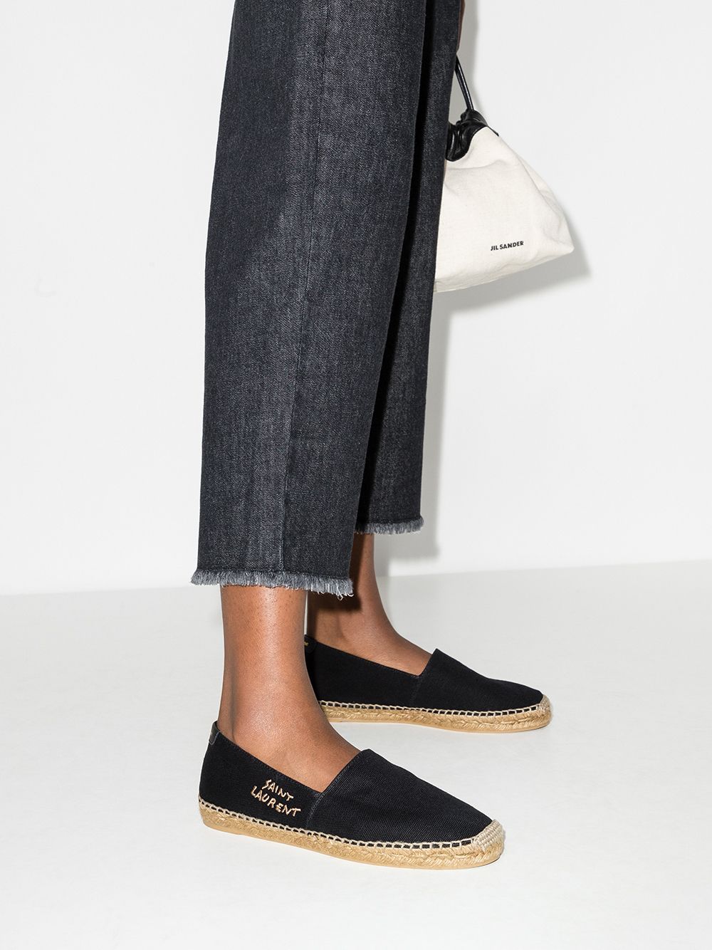 Saint Laurent Flat Canvas Espadrilles with Gold-Tone Logo Detail Black