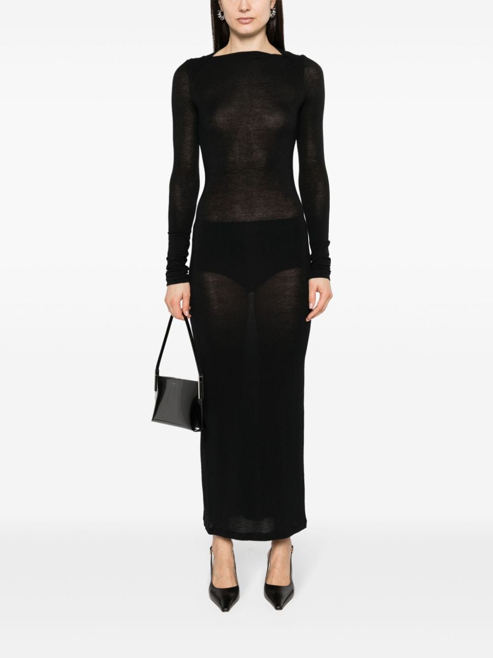 Saint Laurent Fine Knit Black Wool-Blend Cowl-Neck Long Dress black