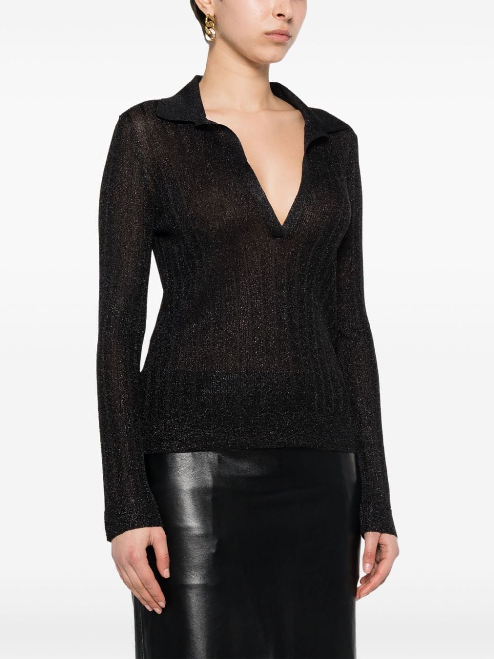 Tom Ford Metallic Ribbed Semi-Sheer Lurex Polo Shirt Black