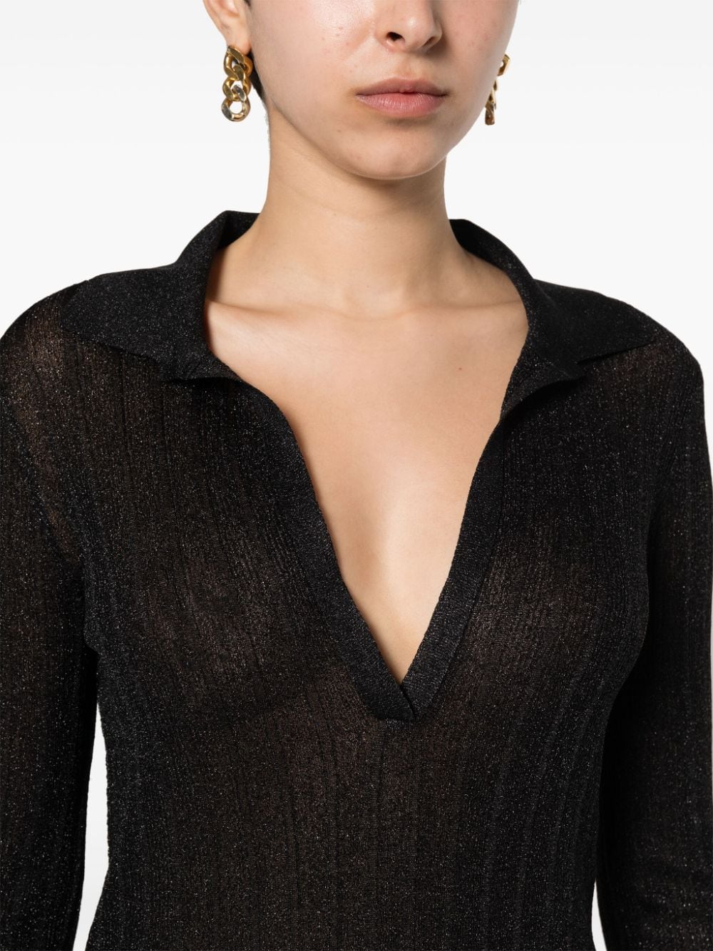 Tom Ford Metallic Ribbed Semi-Sheer Lurex Polo Shirt Black