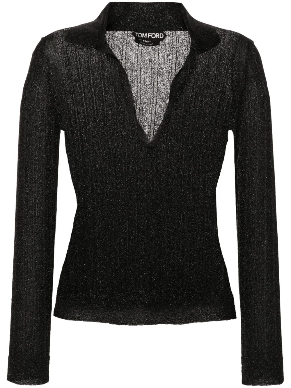 Tom Ford Metallic Ribbed Semi-Sheer Lurex Polo Shirt Black