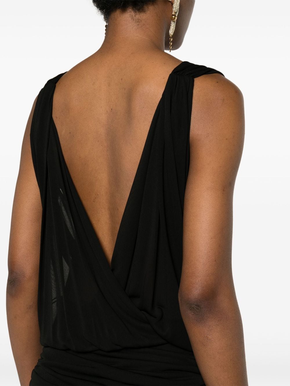 Saint Laurent Draped Ruched Mini V-Neck Dress Black