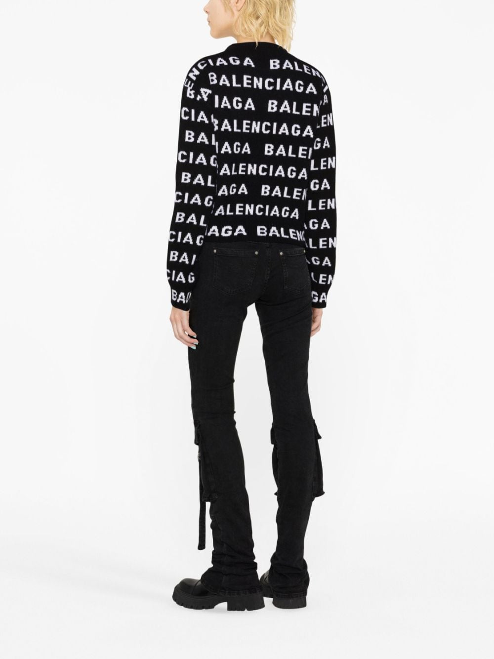 Balenciaga Logo-Intarsia Wool-Blend Cropped Sweater Black black
