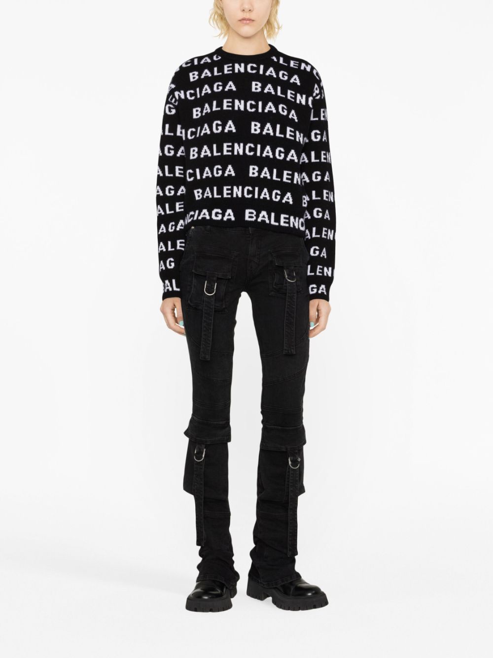 Balenciaga Logo-Intarsia Wool-Blend Cropped Sweater Black black