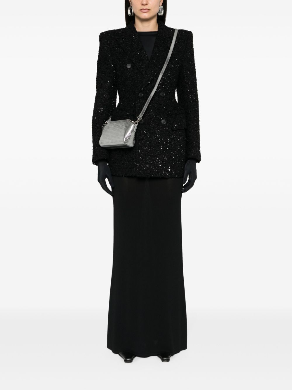 Balenciaga Hourglass tweed-texture padded-shoulder wool-blend blazer BLACK