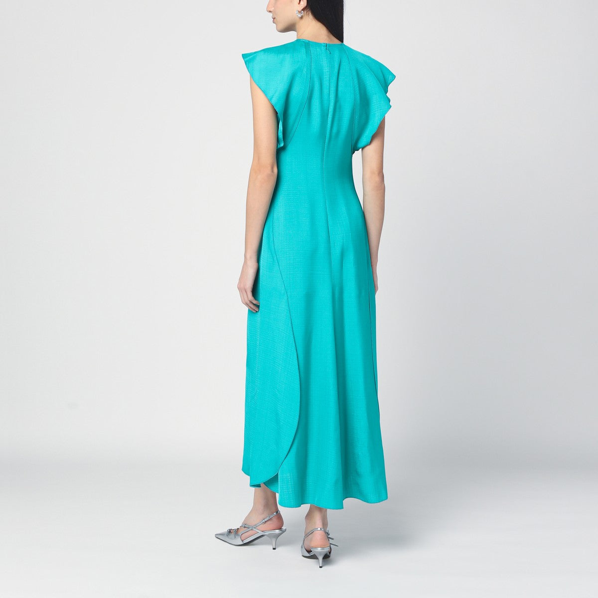 Victoria Beckham Peacock Light Blue Midi Dress with Hooded Sleeves Light blue