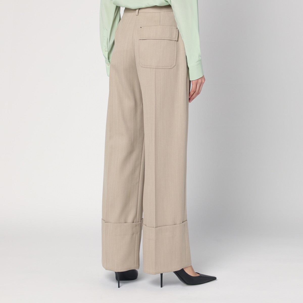 Victoria Beckham Wide-Leg High-Waist Virgin Wool Trousers Almond Beige