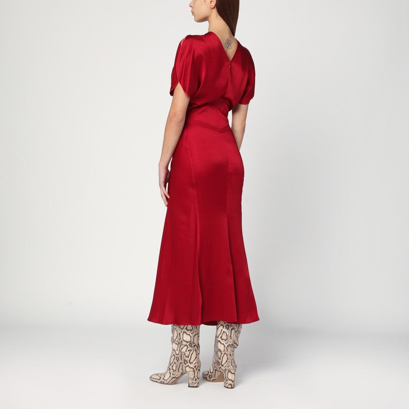 Victoria Beckham Fuchsia Satin Midi Dress With Gathered Waist Pink