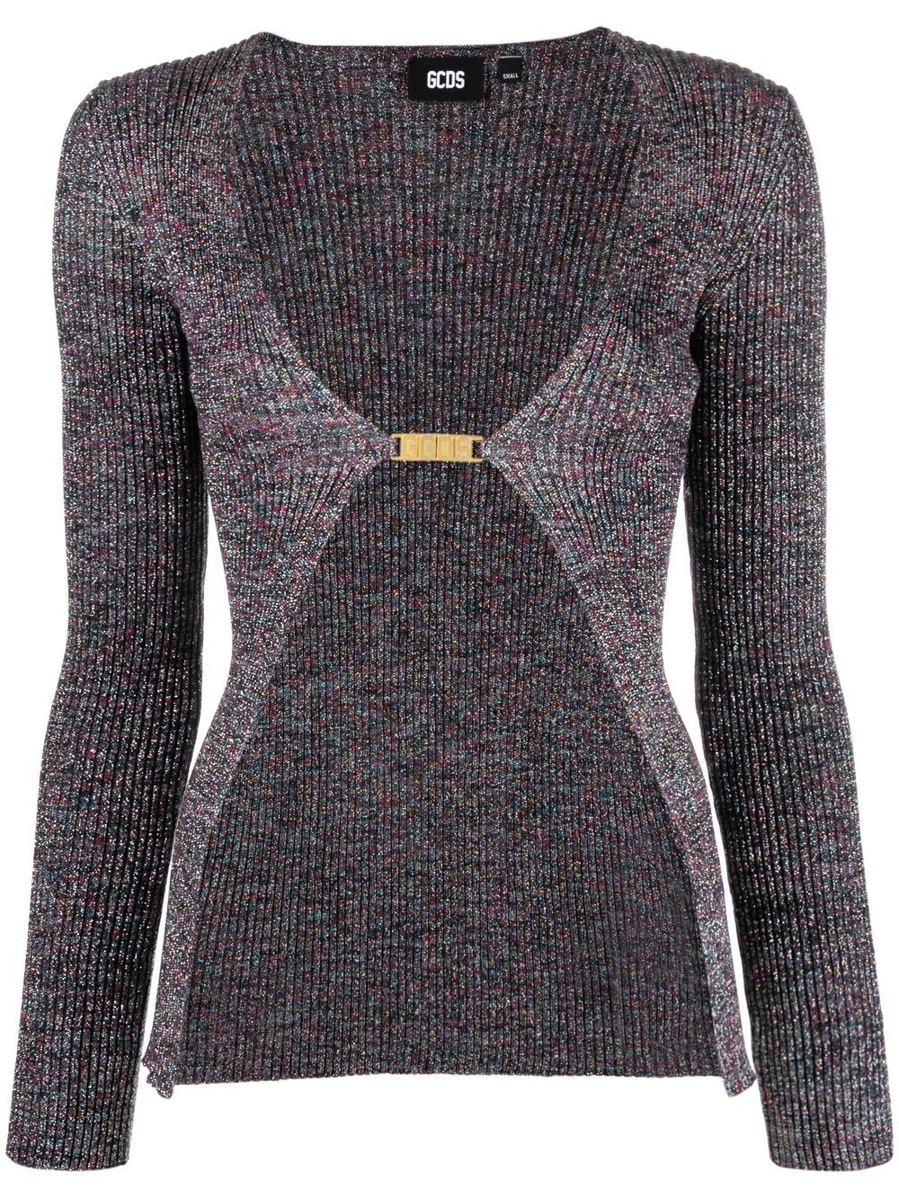 GCDS Glittered V-Neck Knitted Cardigan Grey