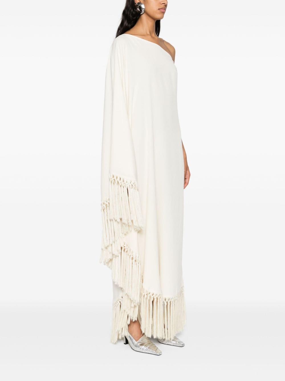 Taller Marmo Pre One-Shoulder Fringed Crepe Kaftan Dress Ivory