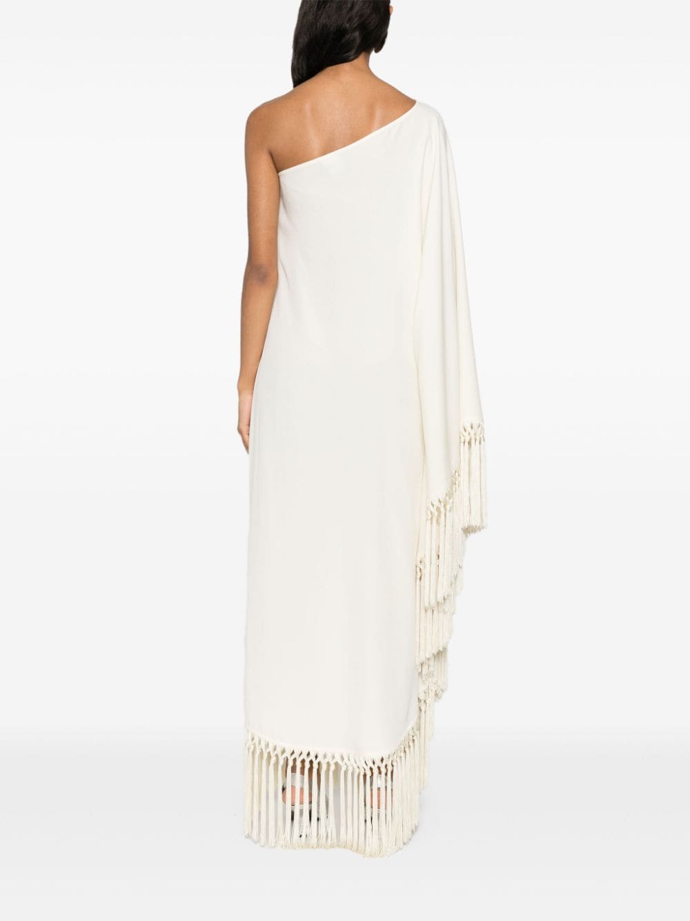Taller Marmo Pre One-Shoulder Fringed Crepe Kaftan Dress Ivory