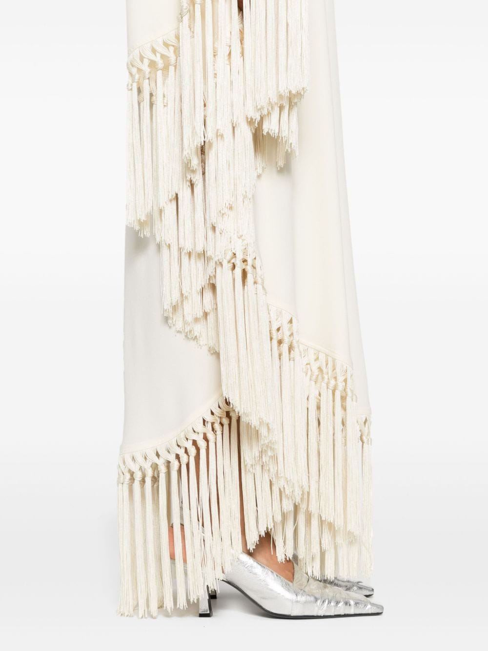 Taller Marmo Pre One-Shoulder Fringed Crepe Kaftan Dress Ivory