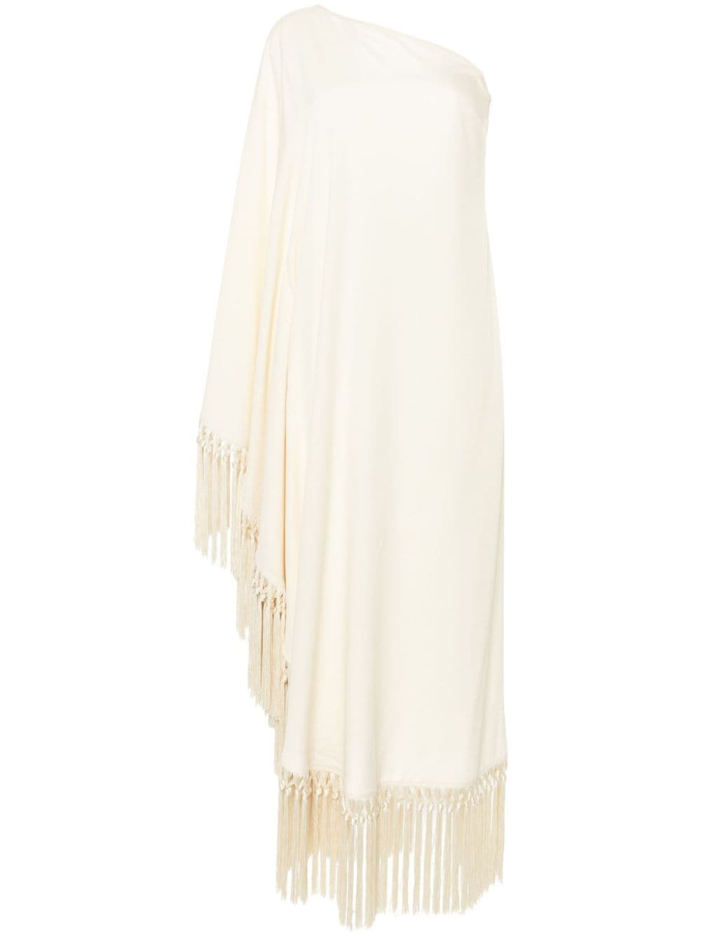 Taller Marmo Pre One-Shoulder Fringed Crepe Kaftan Dress Ivory