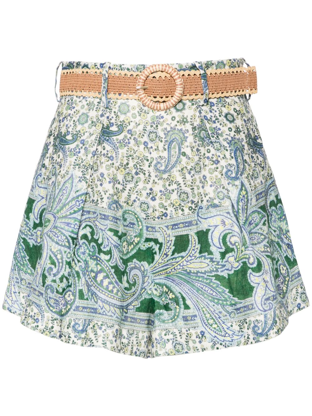 Zimmermann High-Waist Paisley Linen Shorts Green