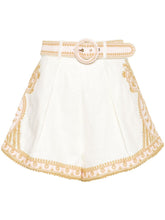 Zimmermann Embroidered Linen Slub Shorts with Adjustable Belt Beige