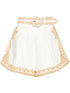 Zimmermann Embroidered Linen Slub Shorts with Adjustable Belt Beige
