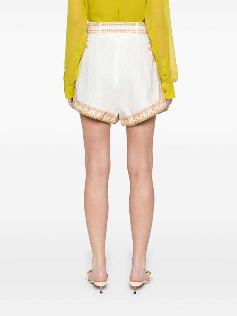 Zimmermann Embroidered Linen Slub Shorts with Adjustable Belt Beige