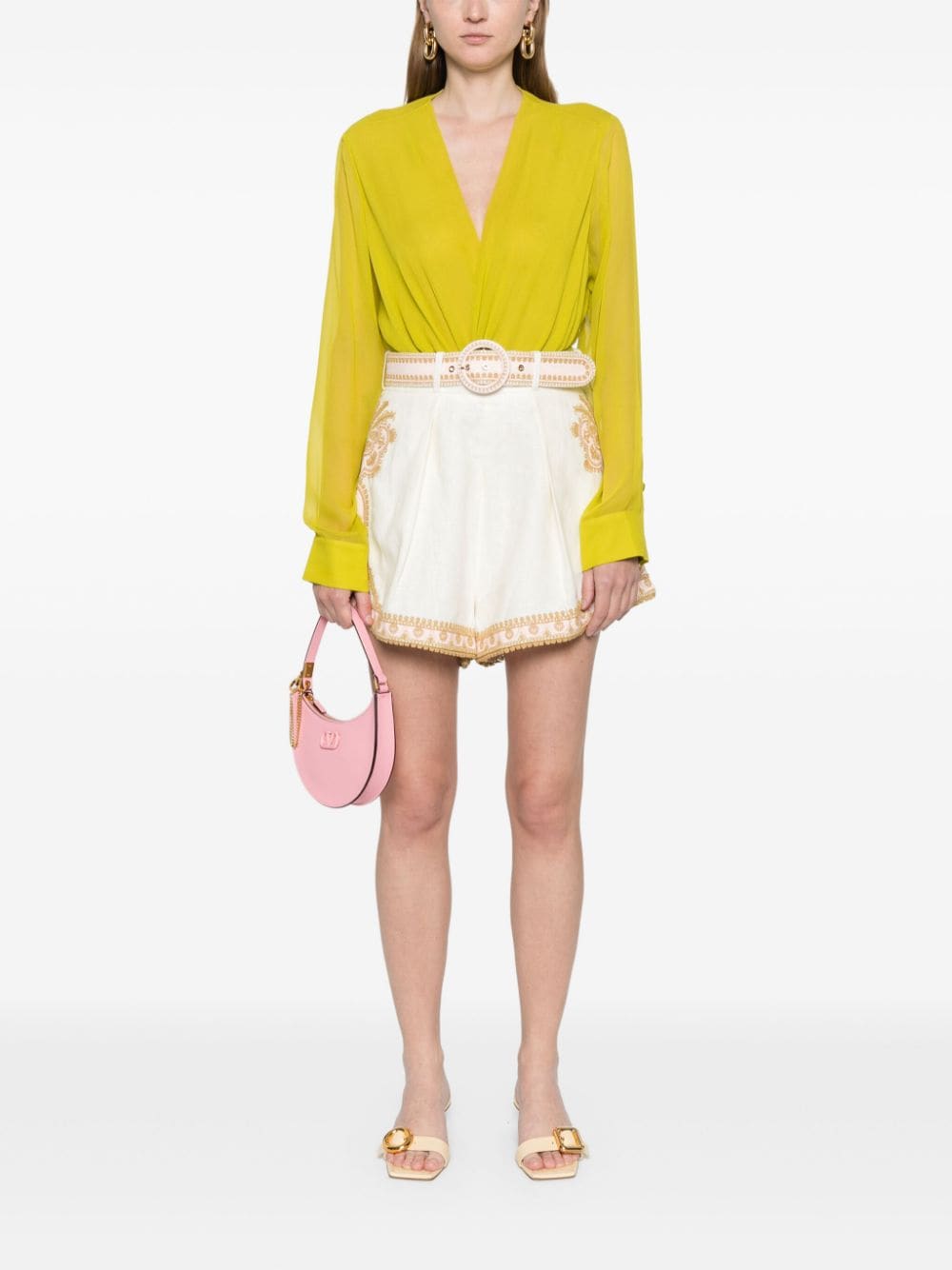 Zimmermann Embroidered Linen Slub Shorts with Adjustable Belt Beige