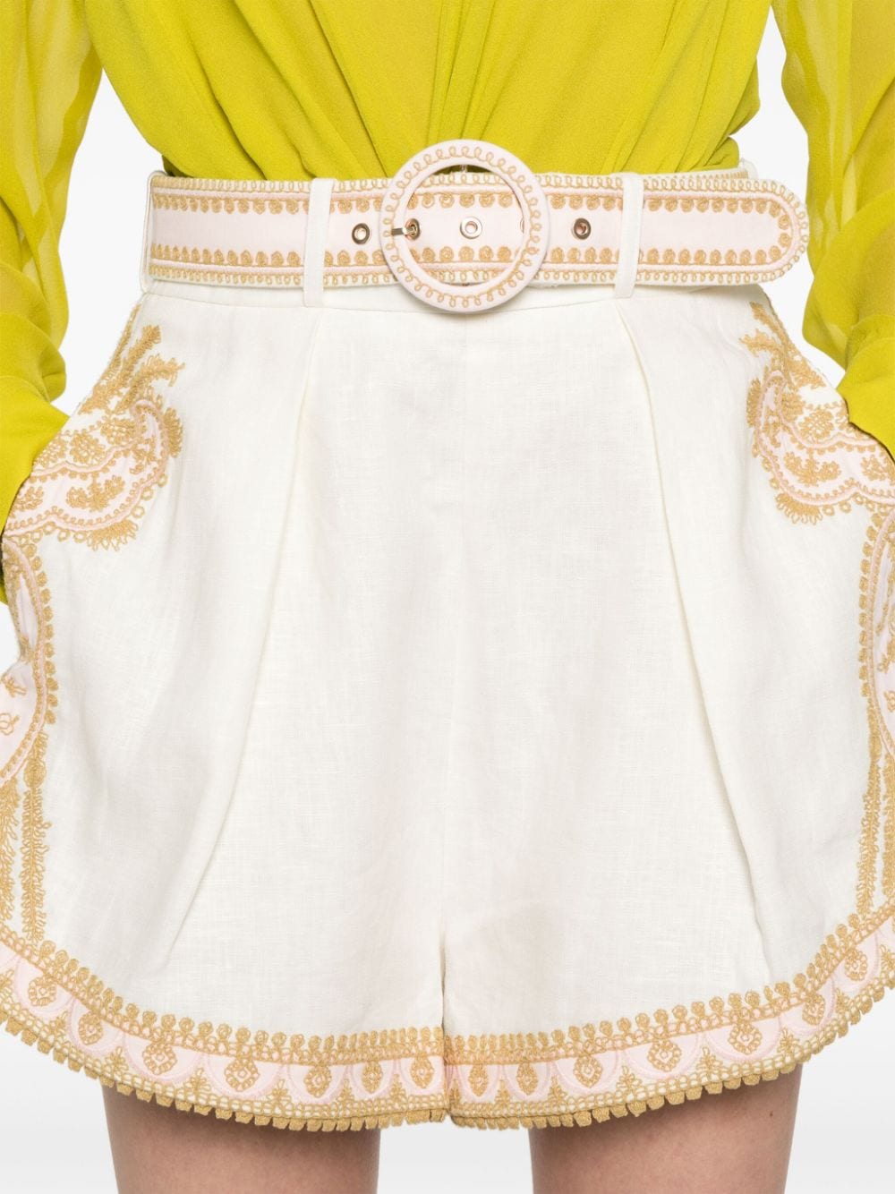 Zimmermann Embroidered Linen Slub Shorts with Adjustable Belt Beige