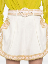Zimmermann Embroidered Linen Slub Shorts with Adjustable Belt Beige