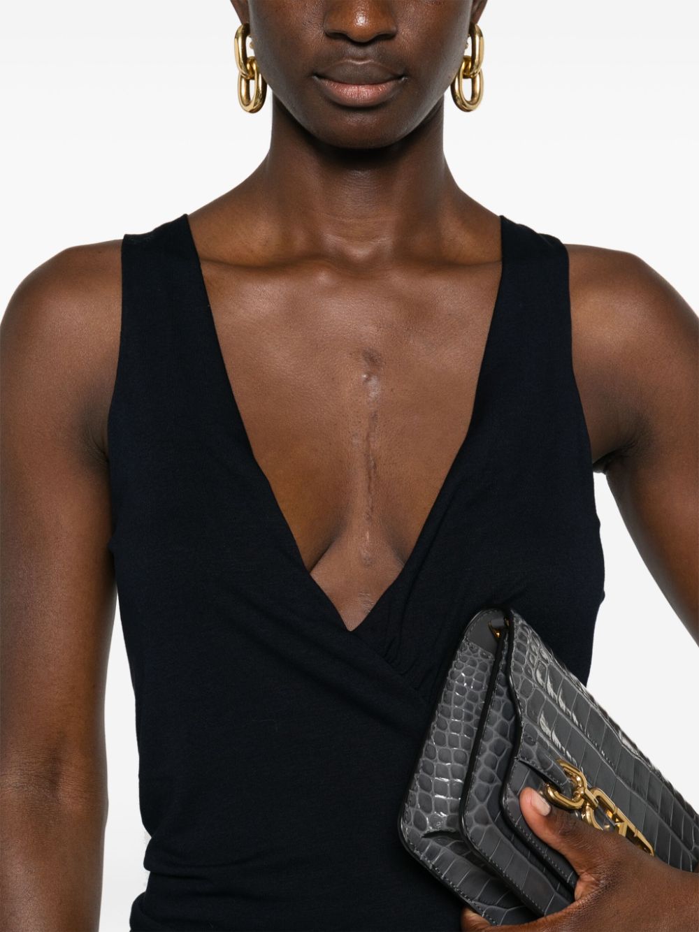 Saint Laurent Ruched V-Neck Sleeveless Mini Dress Blue