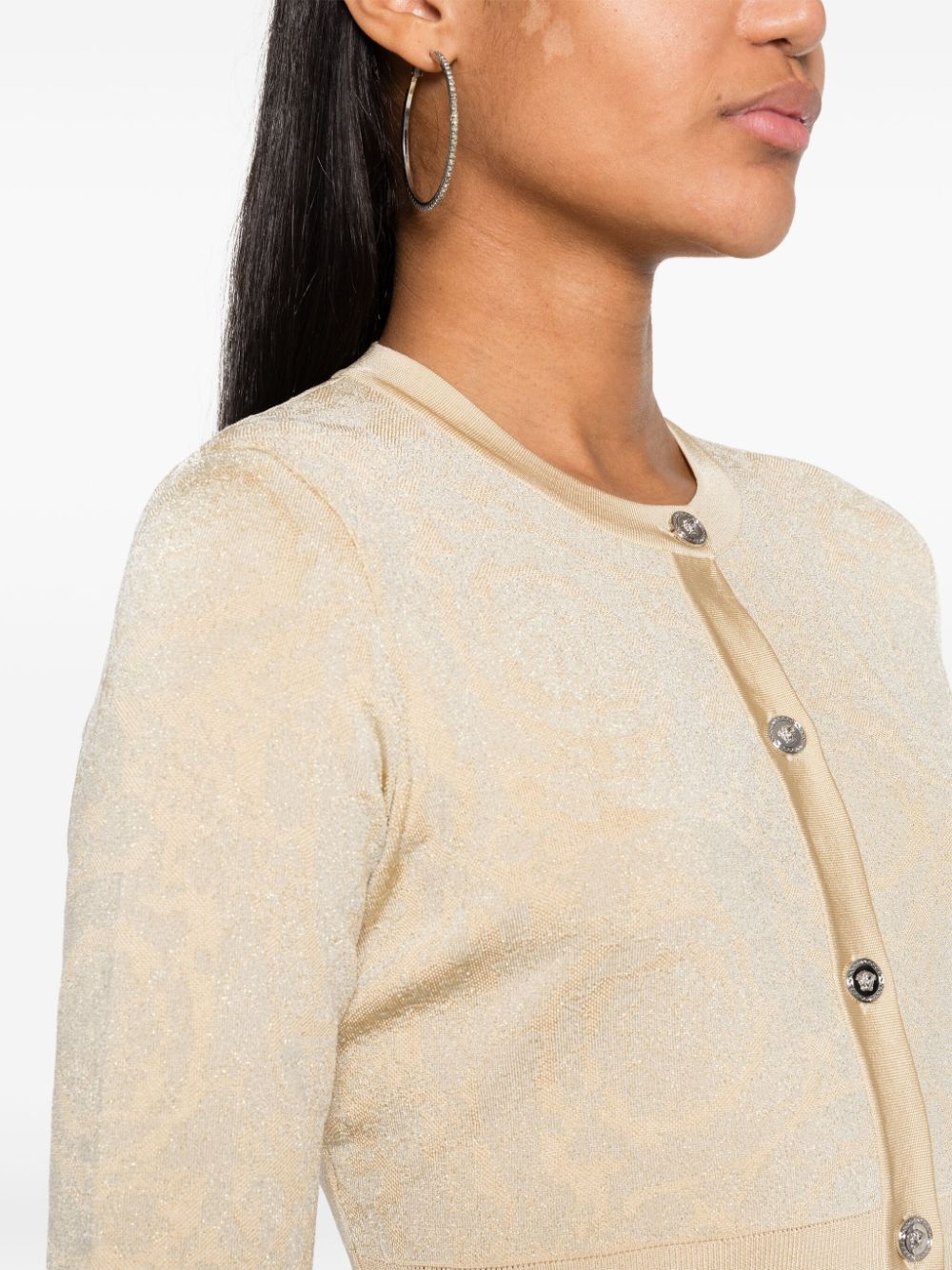 Versace Barocco Lurex Cropped Cardigan Beige