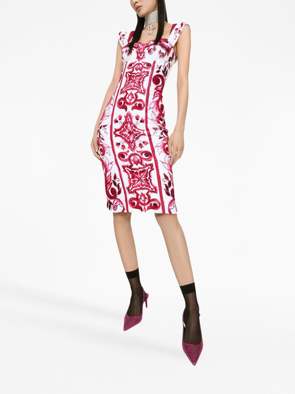 Dolce & Gabbana Maiolica Graphic-Print Seeveless Dress Fuchsia