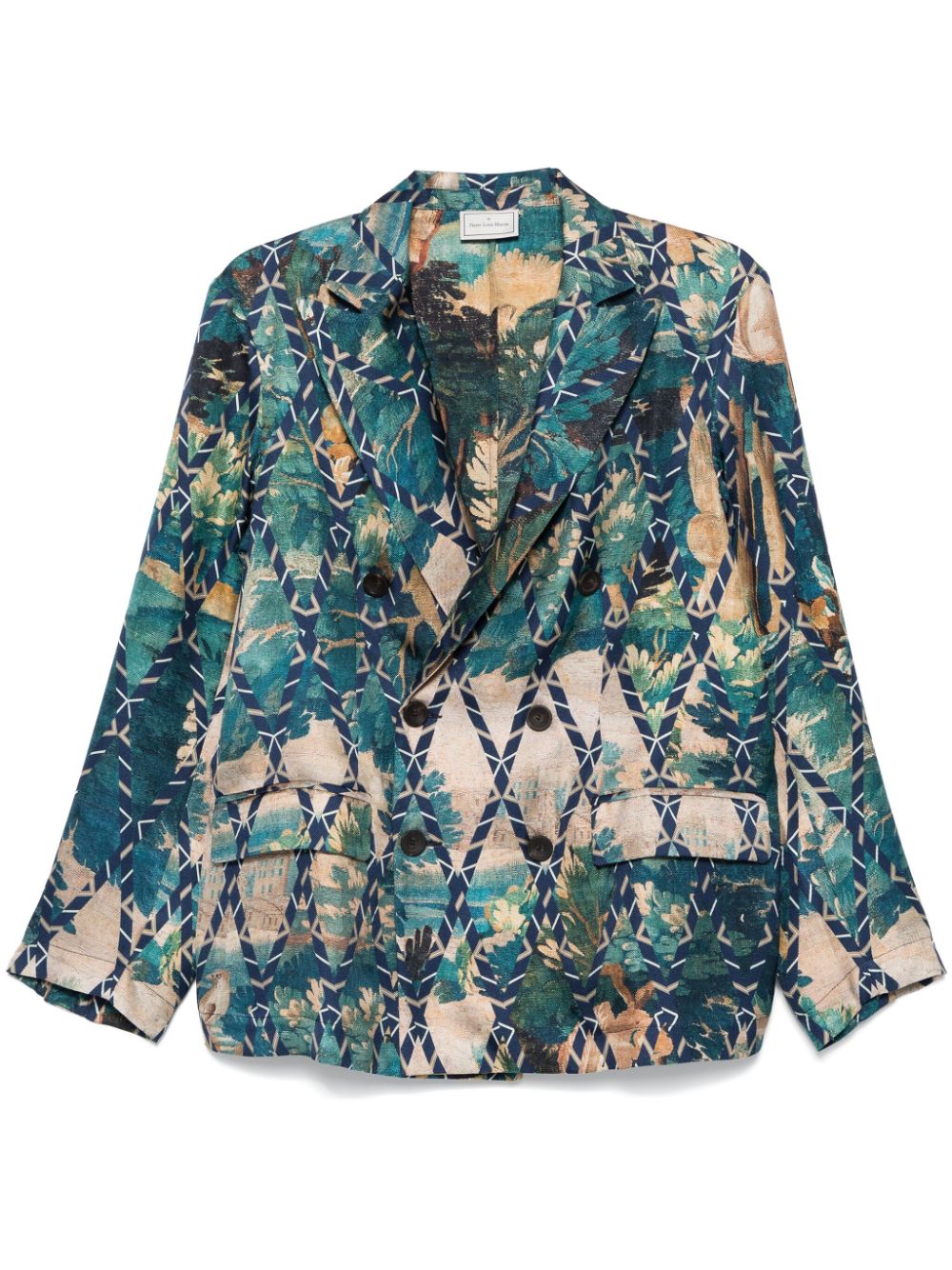 Pierre Louis Mascia Double-Breasted Printed Silk Jacket Beige