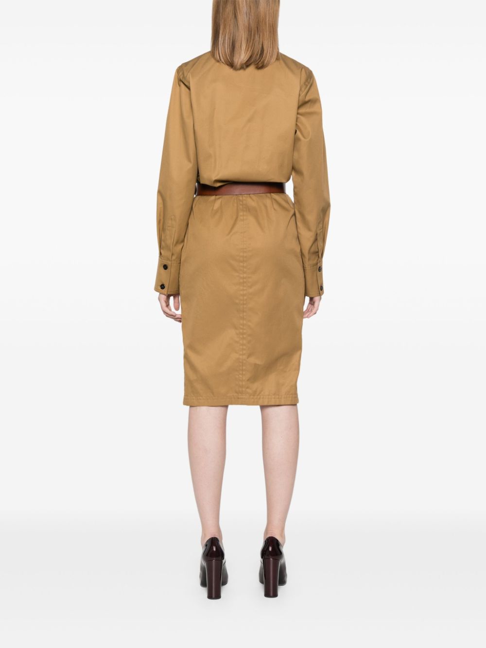 Saint Laurent Cotton Twill Midi Dress with Detachable Belt Camel