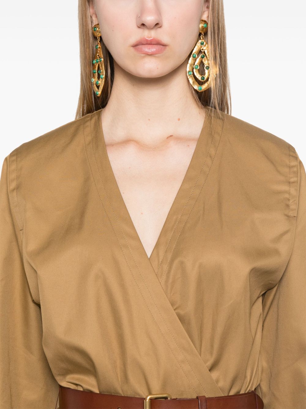 Saint Laurent Cotton Twill Midi Dress with Detachable Belt Camel